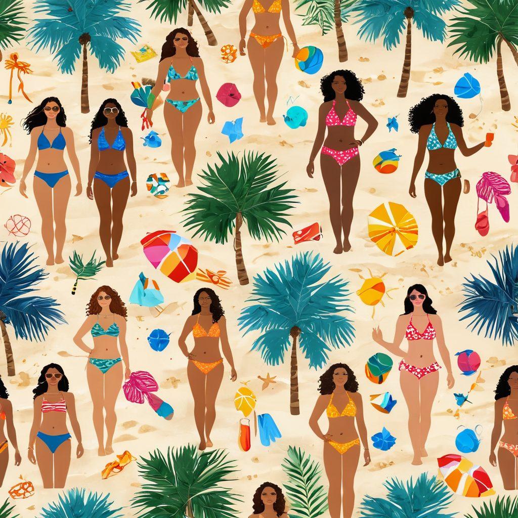 A vibrant beach scene featuring diverse individuals confidently showcasing stylish and bold bikinis in various colors and patterns. Incorporate elements of summer like palm trees, sunshine, and colorful beach accessories, emphasizing body positivity and fun. Capture the carefree spirit of summer with a lively atmosphere. add texture and movement to the water and sand. super-realistic. vibrant colors. summer theme.